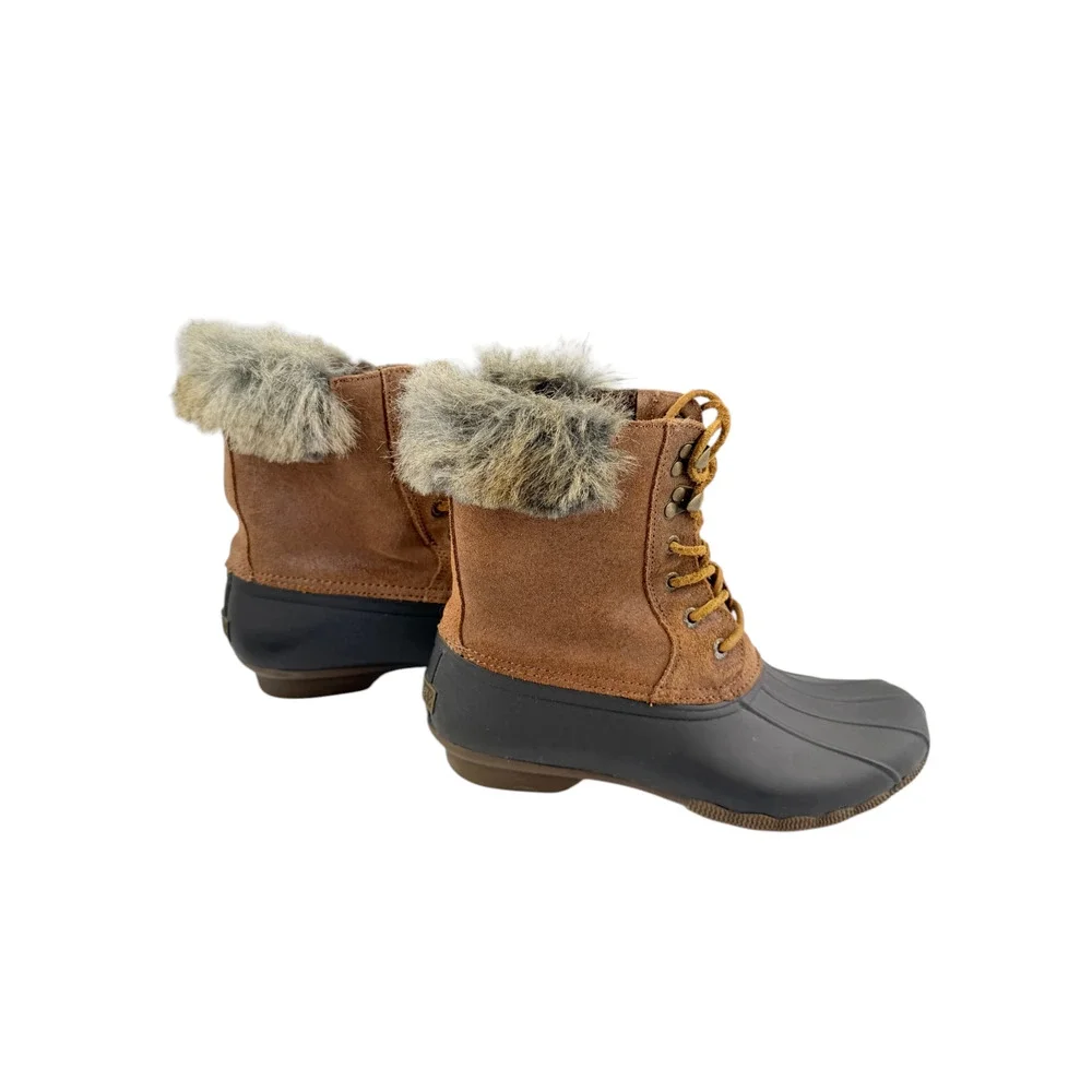 Sperry Top-Sider White Water Duck Winter Boots Brown Faux Fur Lace Up Sz 9M Cozy